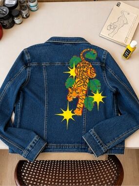 WEARABLE ART!!! Denim Jacket with Hand-Painted Tiger Motif